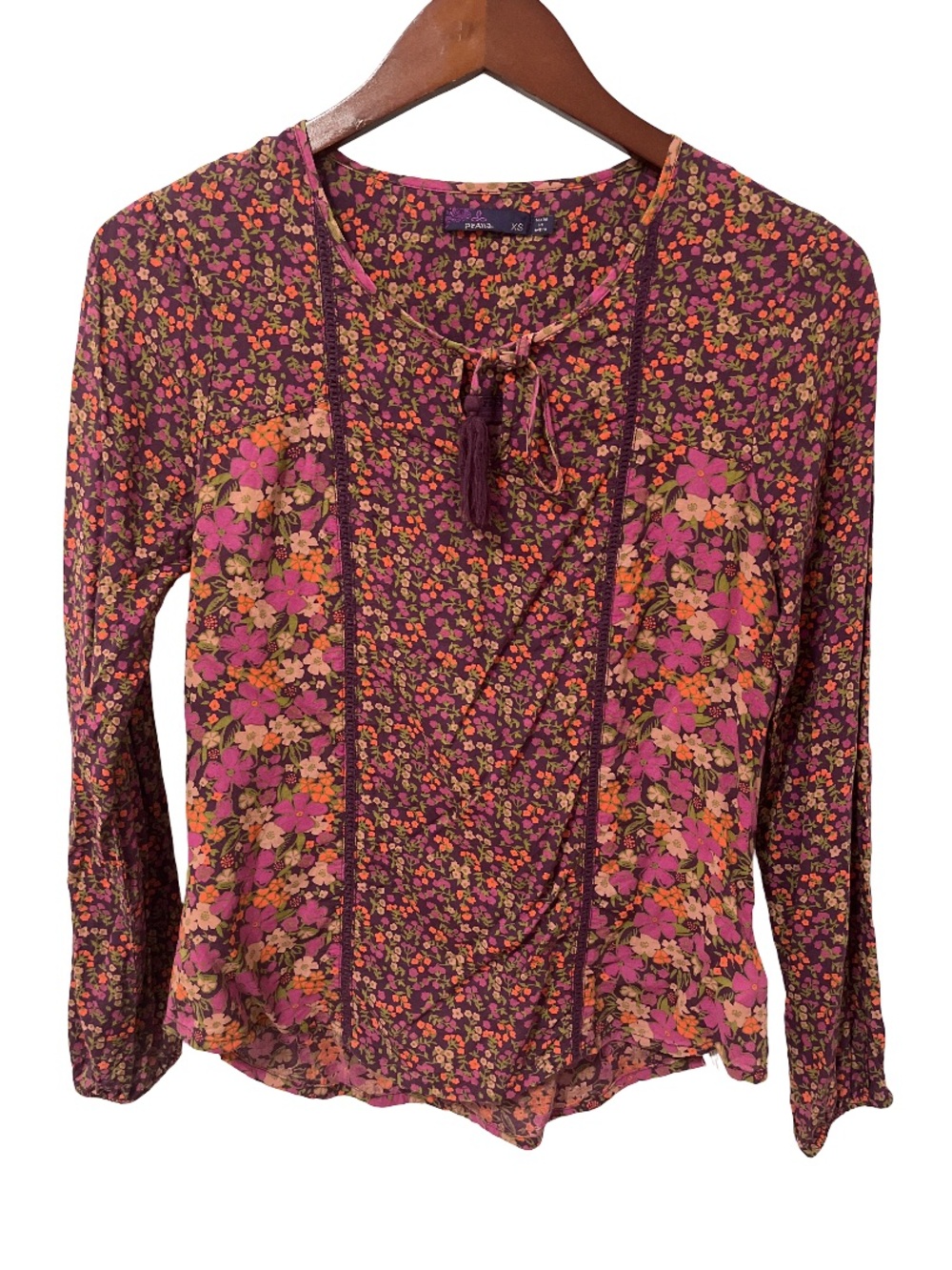 prAna Women’s XS Purple Floral Long Sleeve Blouse with Tassel Tie Neck